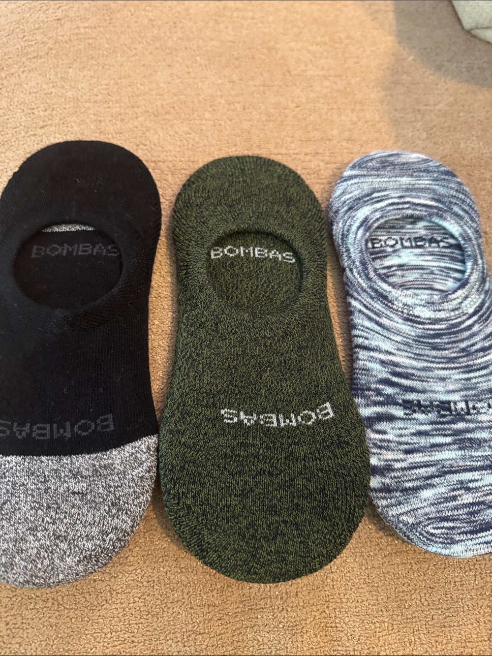 Bombas Unisex No-Show Sock Trio — Black, Olive, Blue Marled